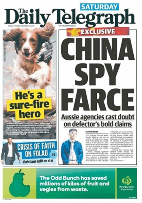 澳洲「每日電訊報」以China Spy Farce(中國間諜鬧劇)為封面標題 圖：翻攝自澳洲「每日電訊報」官網