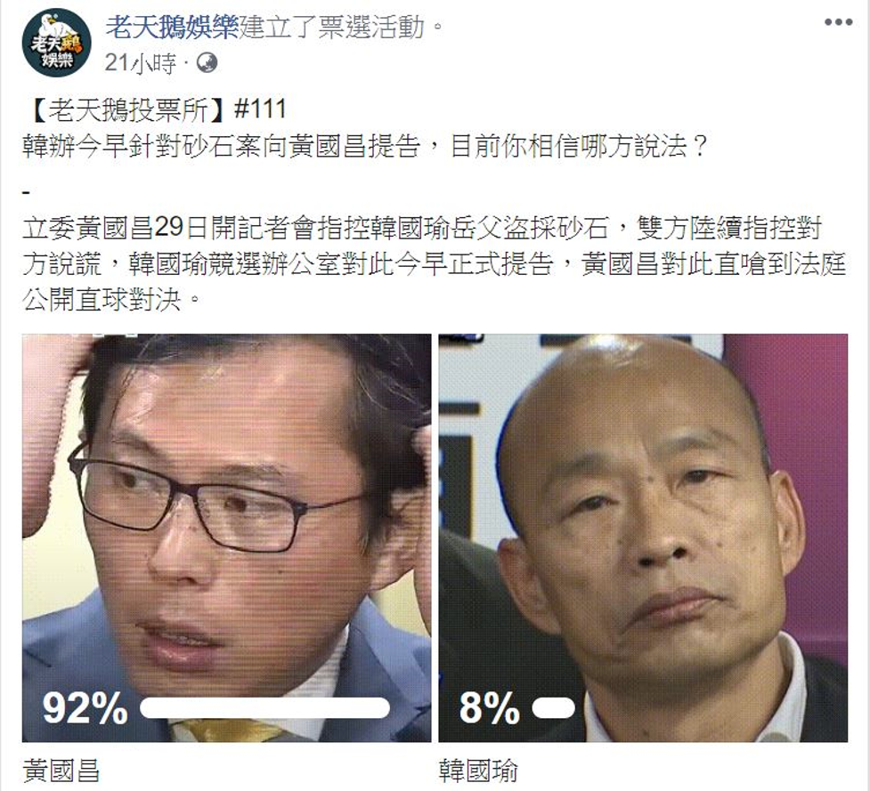 《老天鵝娛樂》針對信任黃國昌或韓國瑜發起了投票。 圖：擷取自《老天鵝娛樂》FB