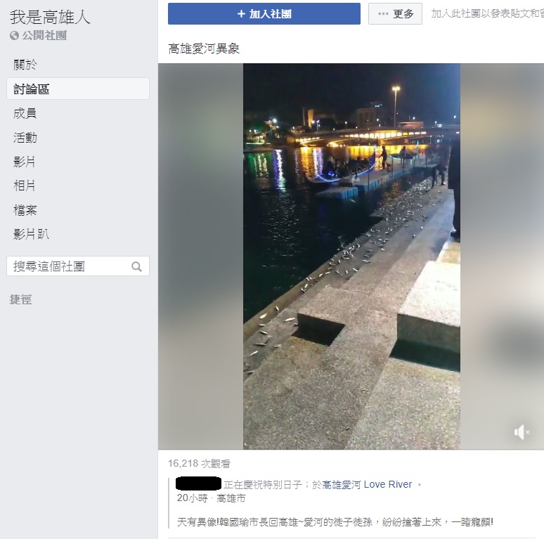 有民眾昨晚在臉書社團「我是高雄人」分享貼文，指昨晚愛河魚群瘋狂跳上岸，此景象使力挺韓國瑜的韓粉大讚「天有異相」，還稱韓國瑜市長回高雄，愛河的徒子徒孫，紛紛搶著上來，一睹龍顏。 圖:翻攝自我是高雄人臉書社團