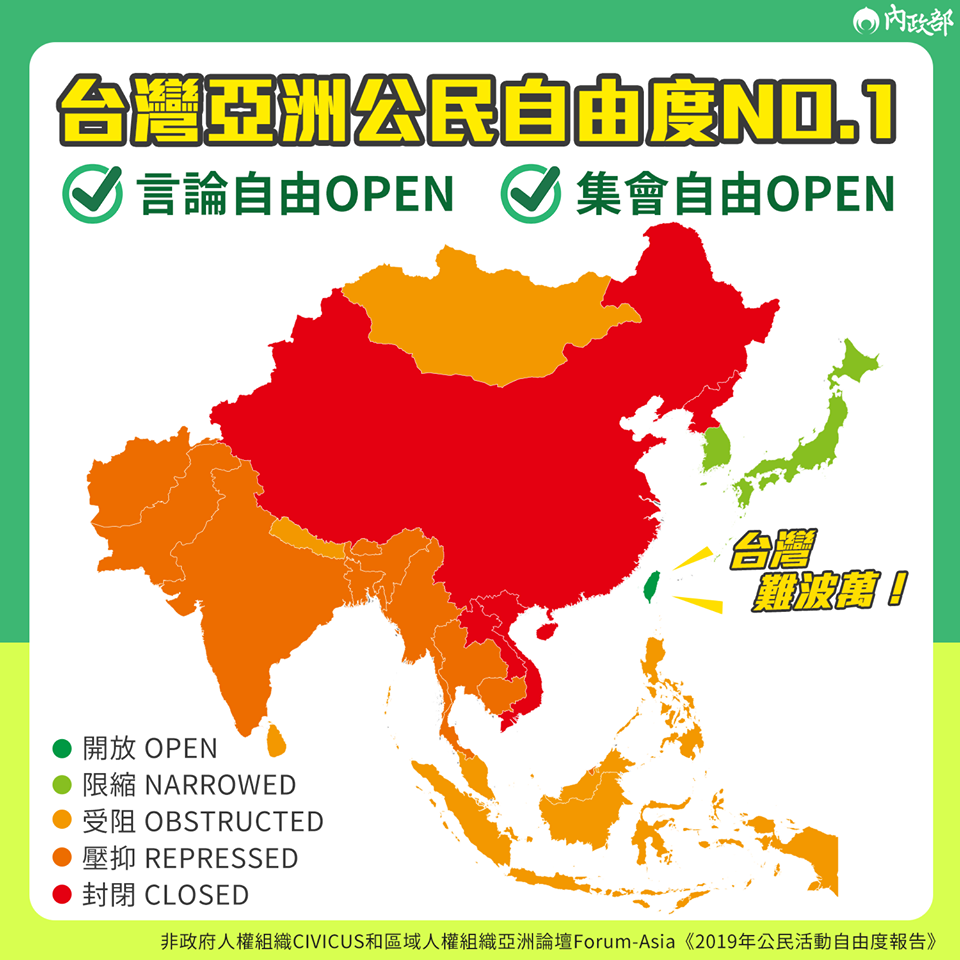 公民活動自由度調查，台灣列亞洲唯一開放國家。 圖：翻攝內政部臉書