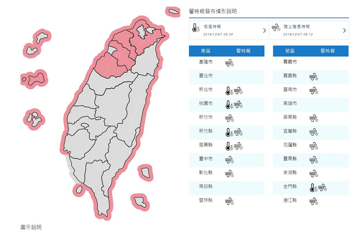 氣象局發布低溫及陸上強風特報。