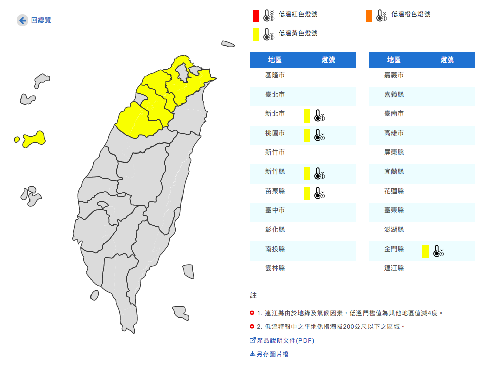 中央氣象局對5縣市發布低溫特報，今晚明晨有10度以下低溫出現的機率。 圖：取自中央氣象局官網