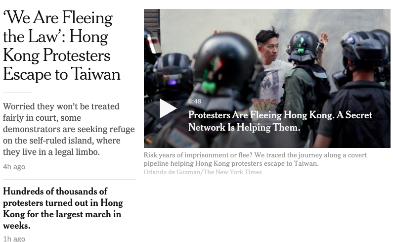 根據紐約時報，自香港反送中抗議開始以來，已有多達200名年輕抗議者逃來台灣。 圖／截圖自紐約時報