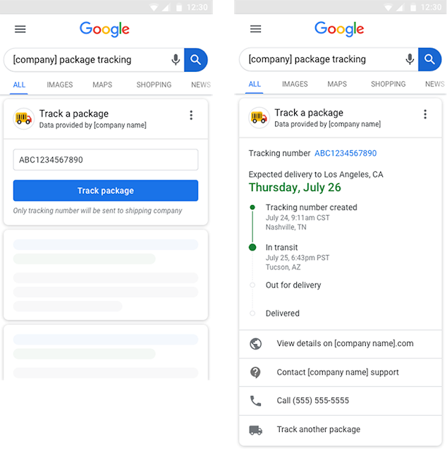 Google在官方部落格上展出一張圖片，顯示未來消費者可透過Google掌握送貨進度。 圖：翻攝自Google 官方部落格