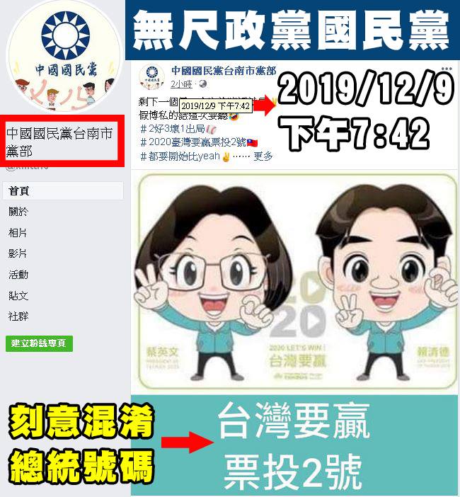 國民黨台南市黨部以臉書圖文，意圖誤導綠營支持者投給2號的韓國瑜。 圖：翻攝自「只是堵藍」FB