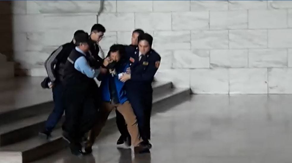 陳峻涵於去年國際人權日，到中正紀念堂對蔣中正銅像潑漆，隨即遭逮捕。 圖：擷取自台灣國辦公室影片