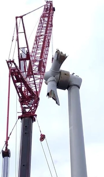 台電台中高美濕地的陸域風機葉片6日傳出遭強風吹斷。 圖：台電提供