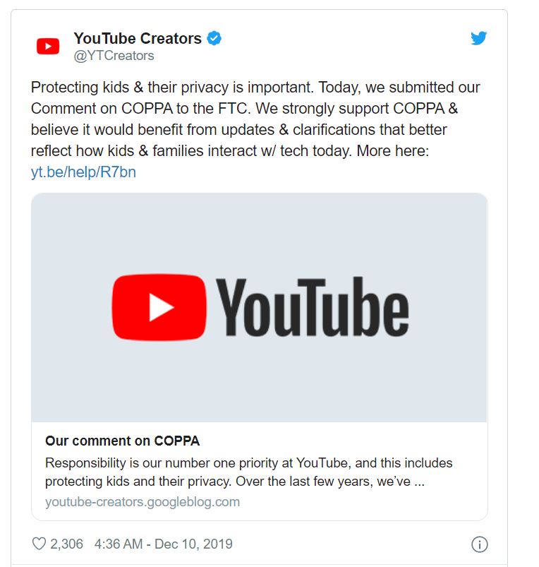YouTube近期公開發文指出兒童隱私保護的重要性，並表示，已要求FTC針對平台上的兒童分類準則，進行更清楚的說明。 圖：翻攝自YouTube／Twitter