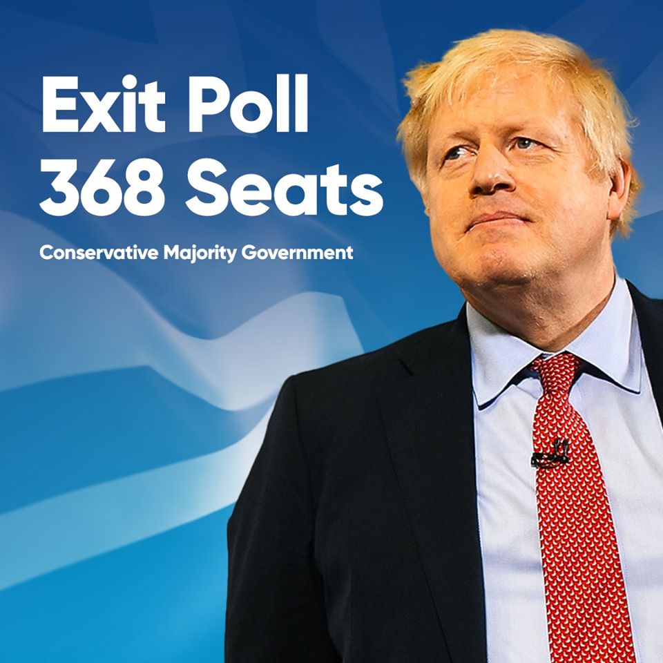 英國國會大選，根據出口民調，首相強生領導的保守黨可望拿下368席次，在國會擁有過半優勢。 圖：翻攝自英國保守黨臉書
