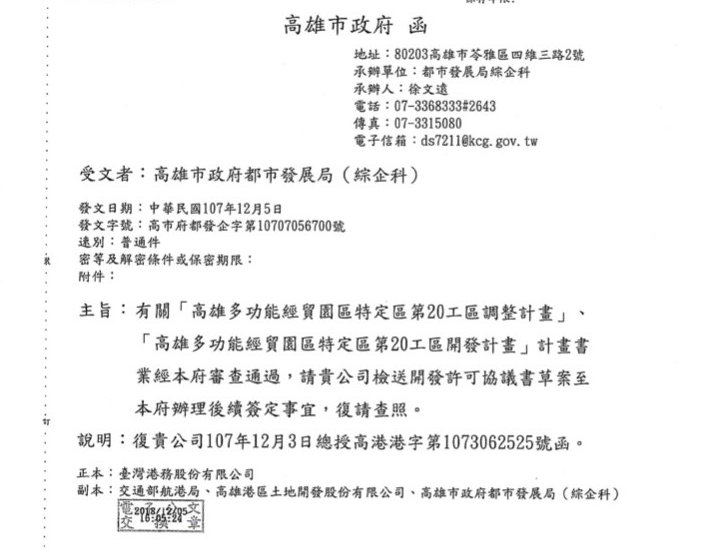高市府出示公文證明已函請港務公司簽訂第20工區開發許可協議草案。 圖：高雄市政府／提供