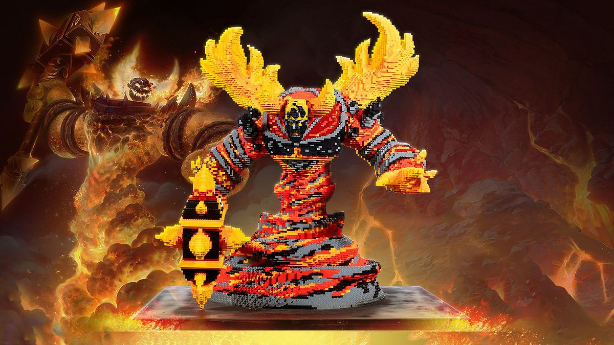 《魔獸世界》15週年紀念邀請台灣唯一樂高認證大師黃彥智以萬片樂高積木打造150公分高巨型炎魔拉格納羅斯，歡慶15週年紀念。 圖：暴雪娛樂／提供