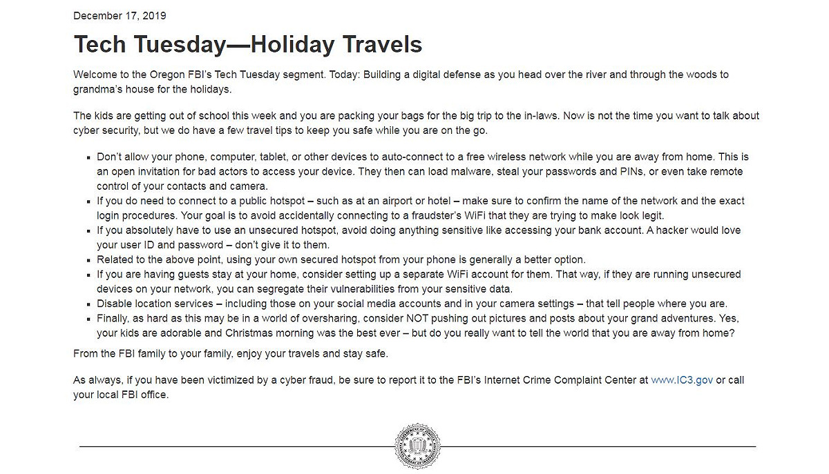 FBI發表了一篇名為「科技星期二－假日旅行（Tech Tuesday—Holiday Travels）」的貼文，提醒旅客留意免費Wi-Fi帶來的風險。 圖：截取自FBI官網