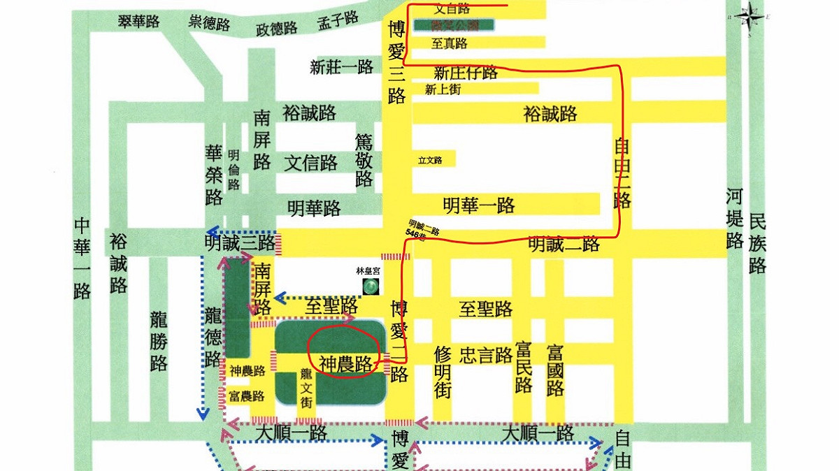 高雄市民提供鼓山分局通知非關遊行的大順路交通管制。黃色區域為因應遊行路線（附加紅線部份）的交通管制範圍。 圖 : 高雄市民/提供