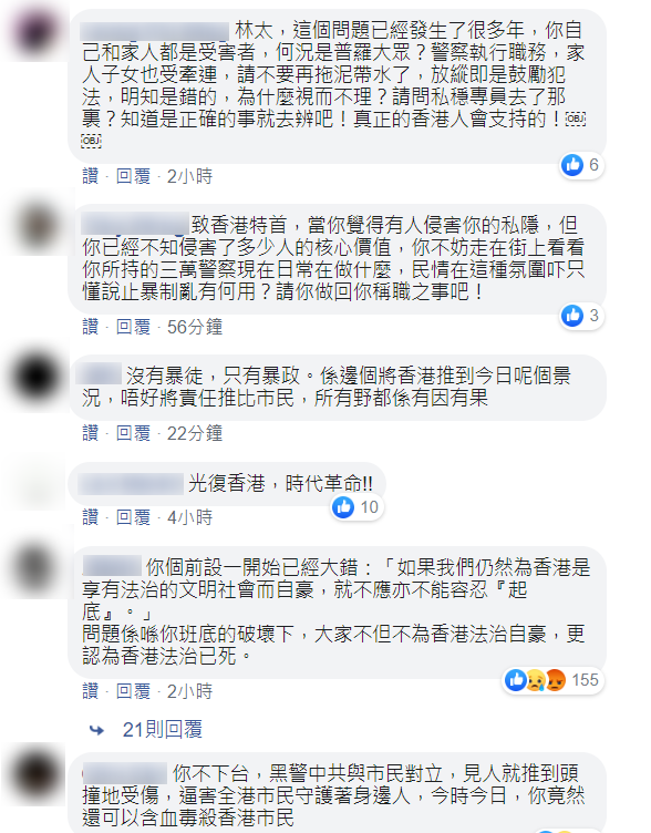 林鄭月娥的發文引來香港網友反彈，直指港府才是一切事端的「罪魁禍首」。 圖 : 翻攝林鄭月娥臉書