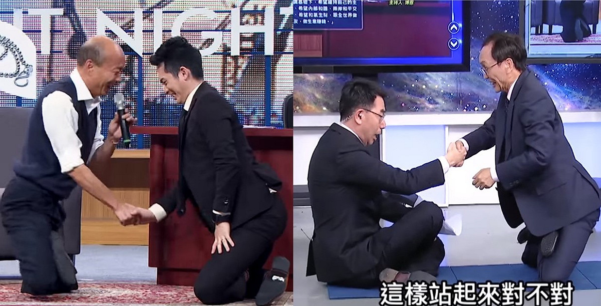政論節目《關鍵時刻》還原韓國瑜在《博恩夜夜秀》中跪著走路的橋段。 圖：新頭殼合成