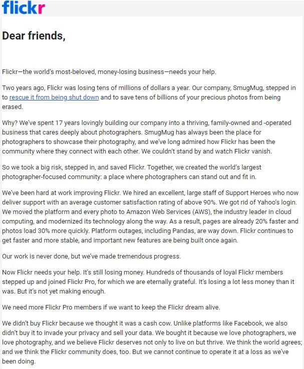 Flickr母公司SmugMug的CEO麥克阿斯基爾（ Don MacAskill）發信給用戶，請求用戶升級至付費方案，讓Flickr能夠活下去。 圖：讀者提供