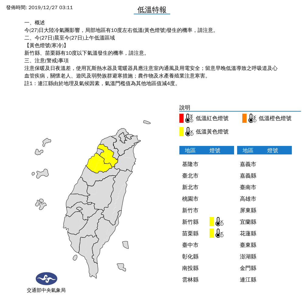 氣象局針對新竹與苗栗地區發布低溫特報，請民眾務必注意保暖。 圖：翻攝自中央氣象局