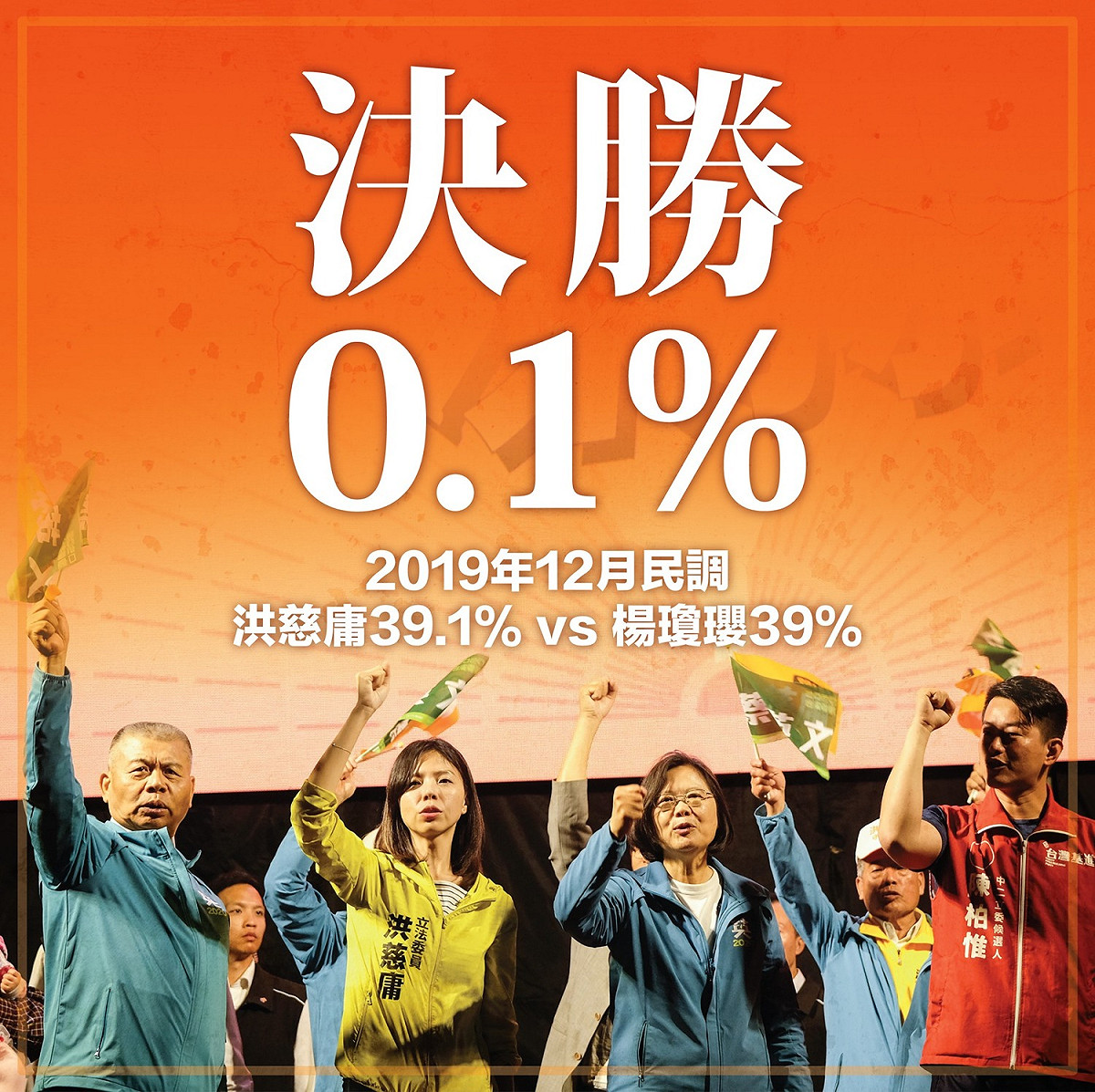 洪慈庸昨日深夜在臉書貼文指出，在收到的最新一份民調中，自己目前以39.1％ vs 39％，領先對手楊瓊瓔0.1個百分點，她坦言，這是非常驚險的數字。 圖：洪慈庸臉書