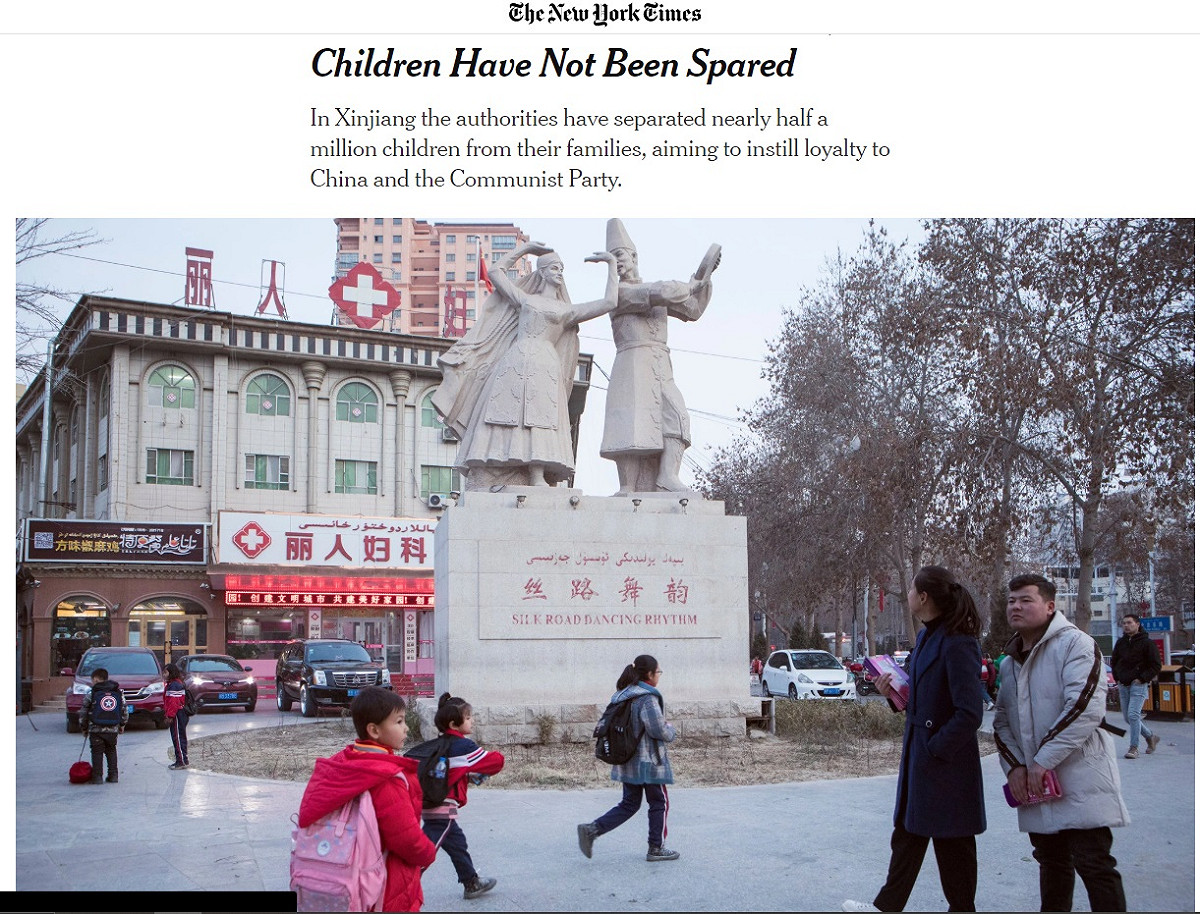 紐約時報報導，中國政府已將新疆近50萬孩童送進寄宿學校，目的是讓這些孩童世俗化並忠於黨國。 圖/翻攝自紐約時報