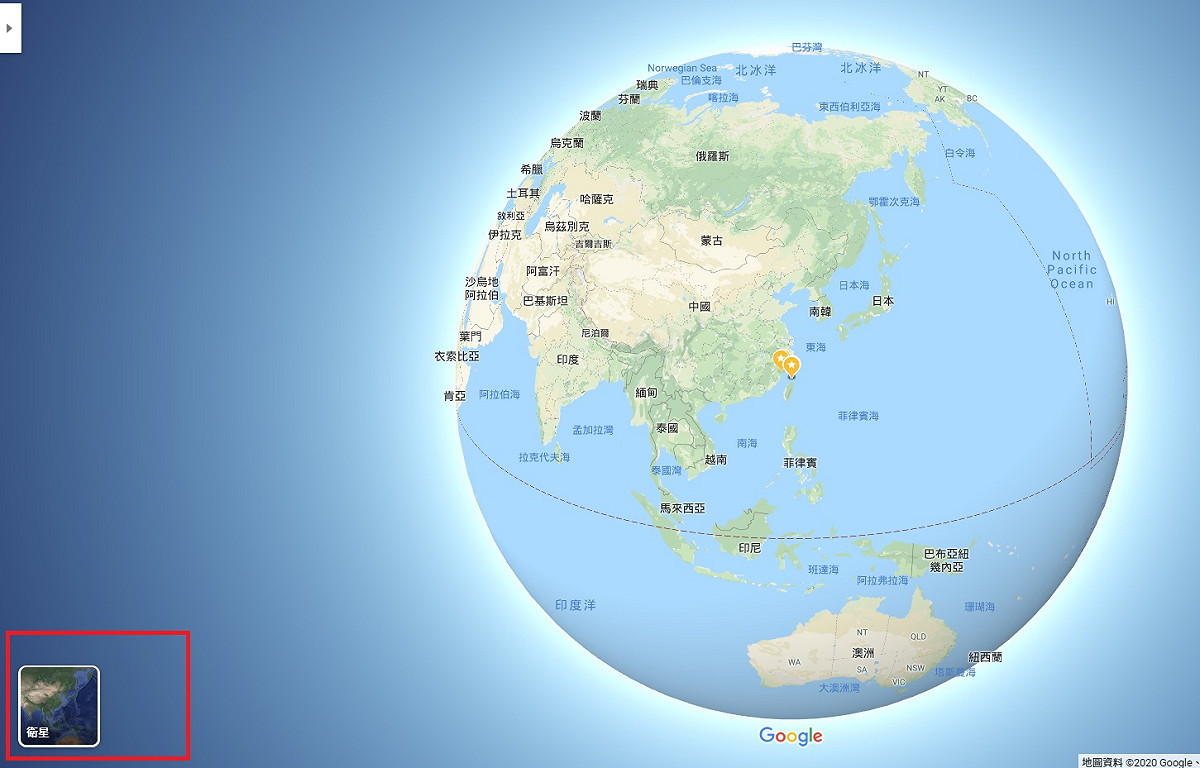 把圖再縮小一點，並點選左下角的衛星圖。 圖：截取自Google Maps