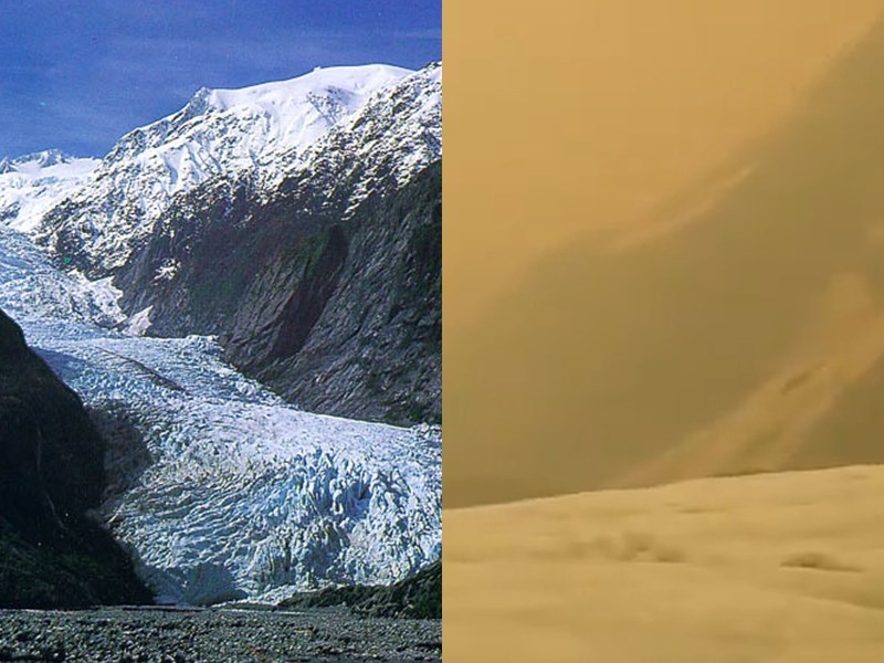 澳洲山林大火燒出濃濃黑煙，遠在數千公里外的紐西蘭雪白無瑕的法蘭約瑟冰川（右），乍看下彷彿成了沙漠（左）。 圖：取自維基百科By/dramatic（左）、MissRoho推特（右）
