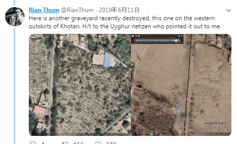 美國新疆議題專家圖姆將新疆和田市1處公墓比對，2018年9月時，是大片墓地（左圖），到了2019年（右圖）全部清空。 圖：翻攝自圖姆推特