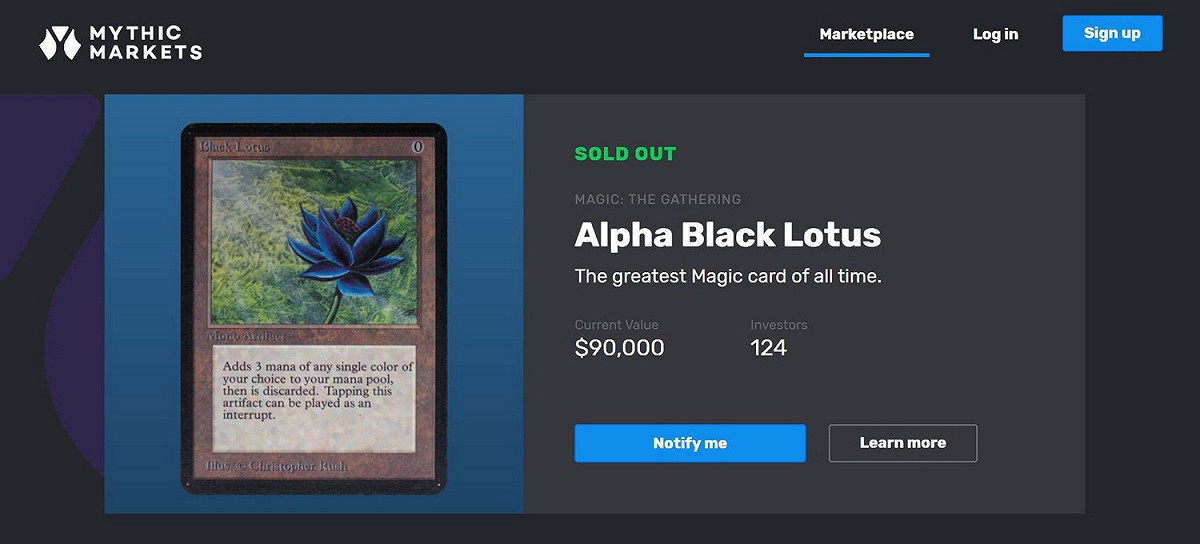 Mythic Markets 平台上這款讓《魔法風雲會》玩家為之瘋狂的 Black Lotus 卡片，全球僅發行有 1,100 張。 圖：取自 Mythic Markets 官網