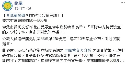 綠黨５日深夜指控柯文哲在台中造勢晚會上公布民調資料，違反了選罷法。 圖：翻攝自綠黨臉書