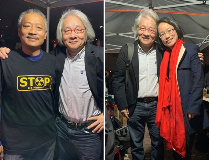 馮光遠5日為台灣基進站台，於臉書分享與歌手謝銘祐、北農前總經理吳音寧在造勢現場的合照。 圖：翻攝自馮光遠臉書