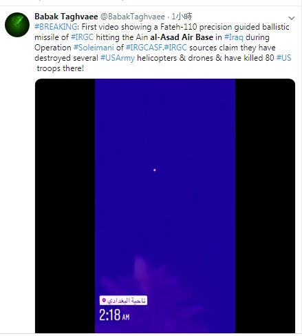 外電記者塔格維稱伊朗發射的導彈催毀不少美軍直升機與無人機，還有80人傷亡，但未經證實。 圖：翻攝自塔格維推特