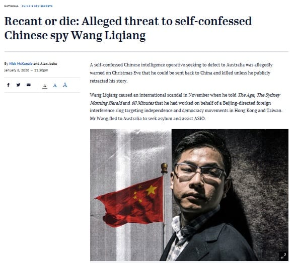 澳洲媒體今晚報導，自稱是中國間諜的王立強收到死亡威脅，涉嫌下指令的是國民黨副秘書長蔡正元，以及一位在中國經商的孫姓商人。 圖：翻攝The Age網頁
