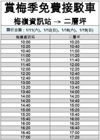 梅嶺-二層坪賞梅季免費接駁車時刻表。 圖：台南市府／提供