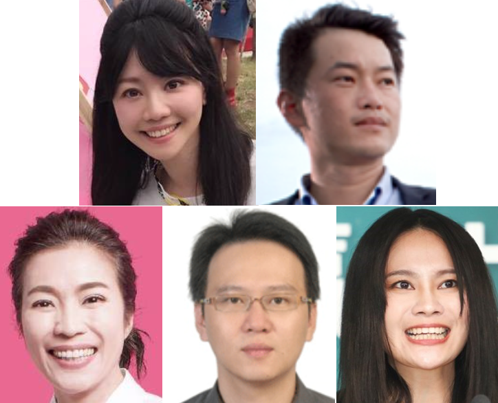 台中市第二選區台灣基進陳柏惟（上排右）、彰化縣第一選區民進黨陳秀寶（下排左），台中市第五選區民進黨莊競程（下排中）、台北市第四選區民進黨高嘉瑜（上排左）、新北市第十二區民進黨賴品妤（下排右），都已自行宣布當選。 圖：新頭殼合成
