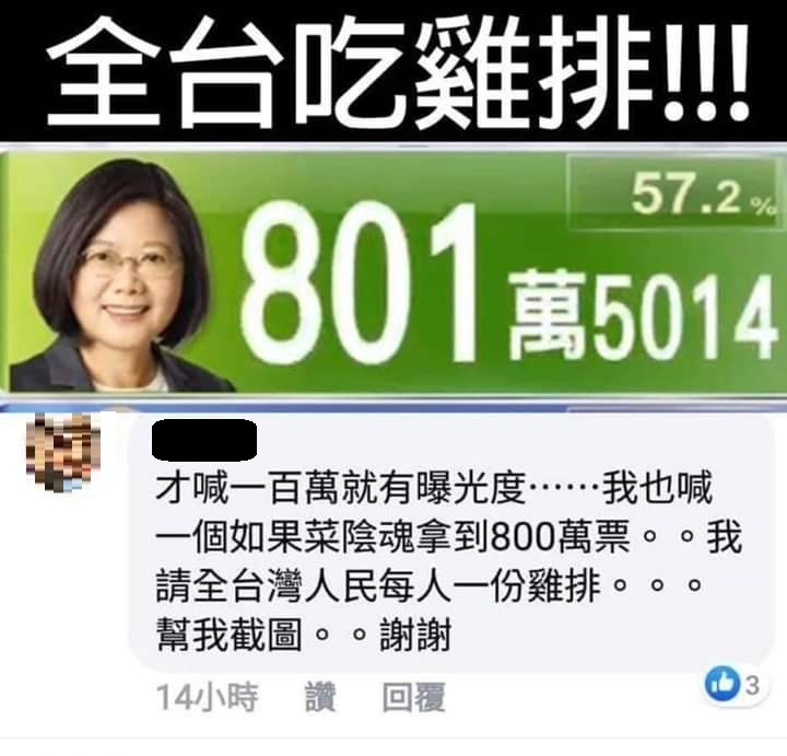有網友在臉書發下豪語，稱若蔡若拿到800萬票，他要請全台灣人民每人一份雞排。 圖:翻攝自只是堵藍臉書
