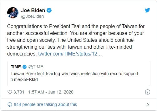 拜登祝賀蔡總統勝選，也恭賀台灣人民再次成功舉辦選舉。 圖/拜登（Joe Biden）推特