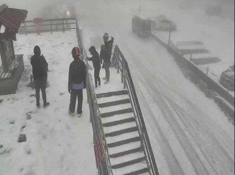受到大陸冷氣團與水氣足夠影響，合歡山雪，讓守候在山上的民眾玩雪玩得不亦樂乎。 圖：翻攝自即時影像監視器臉書影像