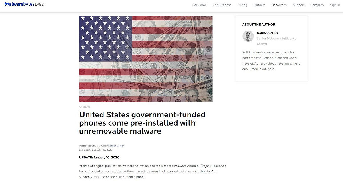 美國資安公司《MalwareBytes》在官網貼文指出，美國政府補貼低收入戶購機方案中搭配的手機裡，被安裝了無法移除的惡意程式。 圖：截取自MalwareBytes官網