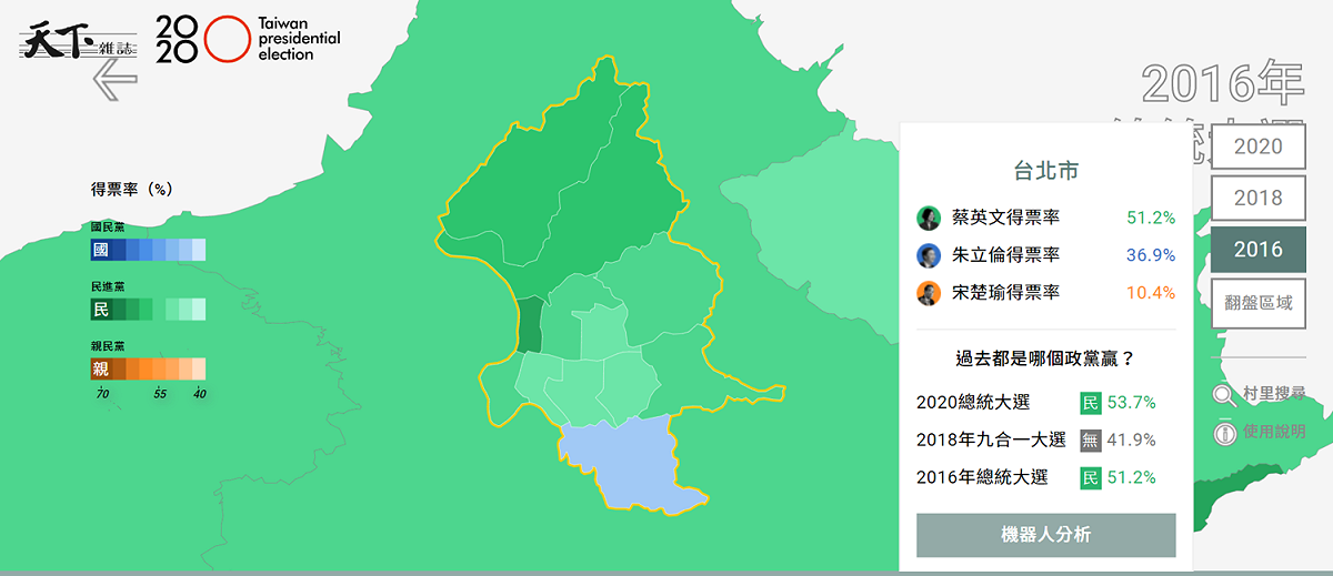 台北市2016年的選情，圖中可見文山區為鐵藍票倉。 圖：翻攝自天下雜誌開票地圖