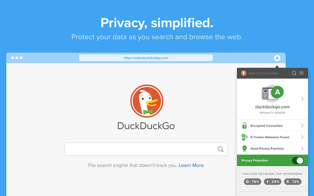 以注重用戶隱私、強調不會分析用戶數據聞名的DuckDuckGo在大部分歐洲國家成為主要預設選項，準備搶奪Google搜尋的龍頭地位。 圖：截取自DuckDuckGo官網