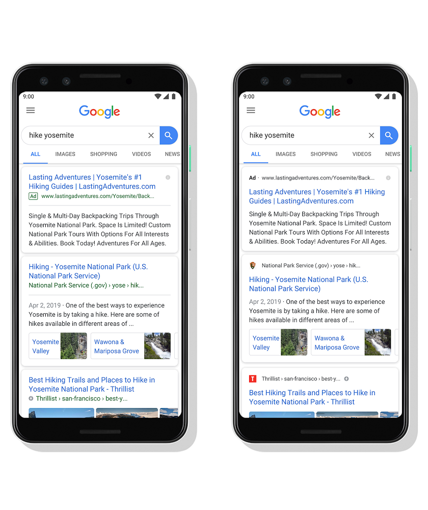 Google改版搜尋介面即將正式搬上桌機網頁版，以已經採用更新版介面的手機為例，左為舊版介面，右為新版介面。 圖：截取自Google官方部落格
