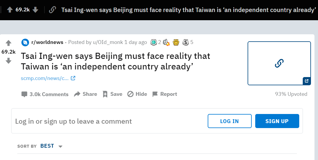 蔡受訪內容登上美國論壇Reddit熱搜。 圖：翻攝自Reddit