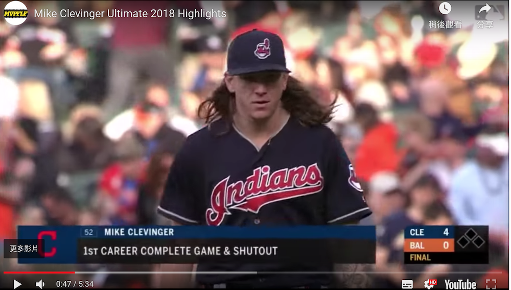 印地安人王牌Mike Clevinger。 圖／翻攝自YOUTUBE