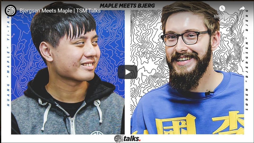 TSM 王牌選手 Bjergsen 與 LNG 中路 Maple 見面進行趣味問答 圖：翻攝自 TSM 官方Youtube
