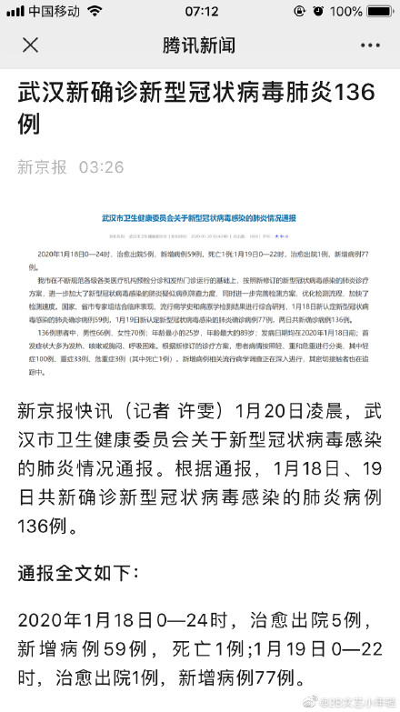 中國網友20日一早發現武漢市暴增136起新型武漢肺炎病例，在微博引起討論。 圖：翻攝自2B文藝小年輕微博