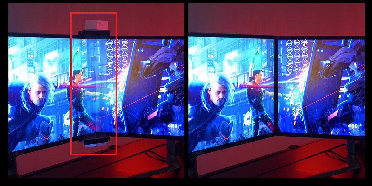 華碩「ROG Bezel-Free Kit ABF01」可透過類似光學迷彩的原理，達到消除邊框的效果。圖左紅圈處為加裝該工具的部分。 圖：取自華碩英文官網