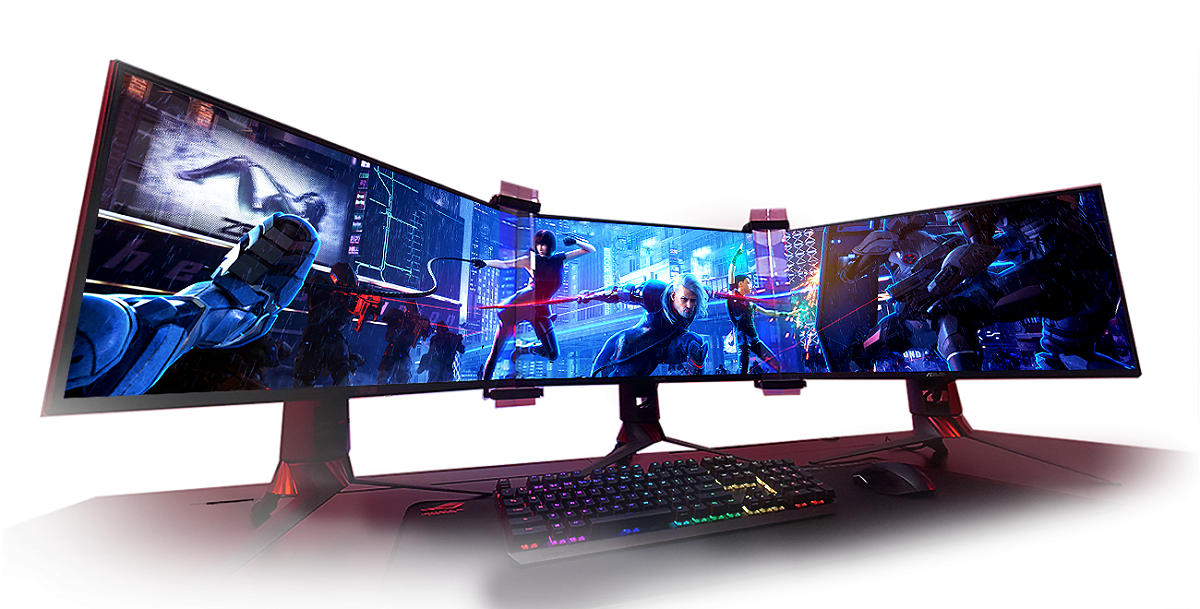 華碩的「ROG Bezel-Free Kit ABF01」可以將並列的電腦螢幕消除邊框，合體成一個比原來寬兩倍以上的超大螢幕。 圖：取自華碩英文官網
