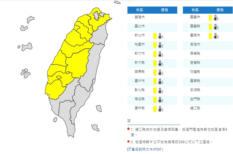 氣象局表示，包括新北、桃竹苗至台中、雲嘉一帶，清晨溫度偏低，可能出現攝氏10度以下低溫。 圖：翻攝自中央氣象局