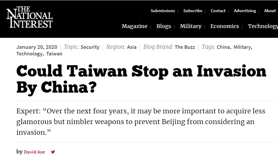 《國家利益》國防事務編輯艾克斯整理專家們的建議，主張台灣採購更靈活精巧的武器來抵禦中國入侵 圖：擷取自《國家利益》網站