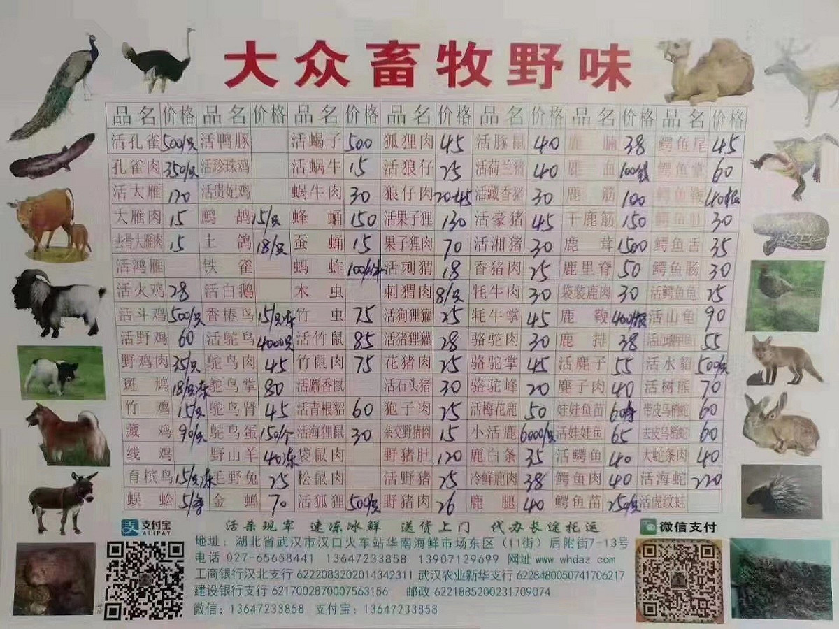 中國市場販賣野味的價格表。 圖：翻攝自推特