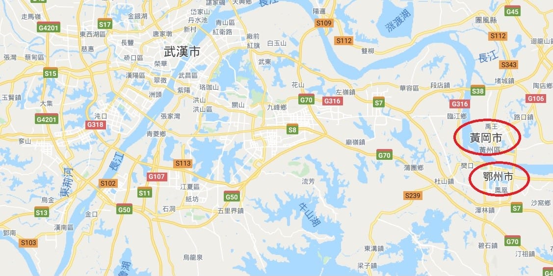 湖北省的黃岡市與鄂州市今日宣布封城。 圖：翻攝自Google地圖